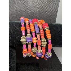 Beaded Wrap Bracelet Wooden Multicolored Beads Coil Wired Boho Colorful Adjust